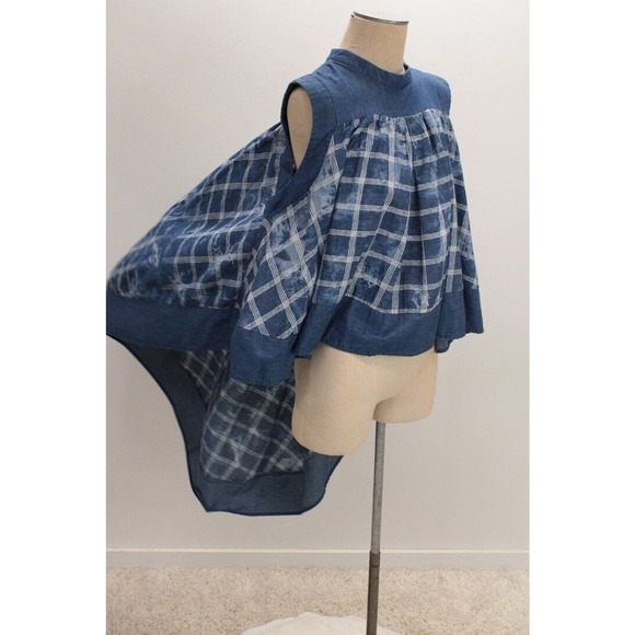 For Her NYC Blouse Top XL High Low Hem Chambray Blue Tie Dyed Plaid Cape-like - Picture 6 of 9